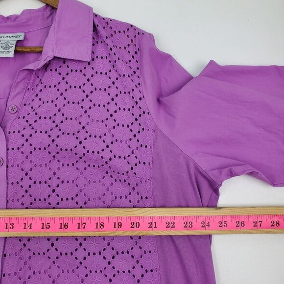 Catherines Womens Purple Eyelet Button Up Shirt Top Plus Size 1X Roll Tab Sleeve - Picture 13 of 14